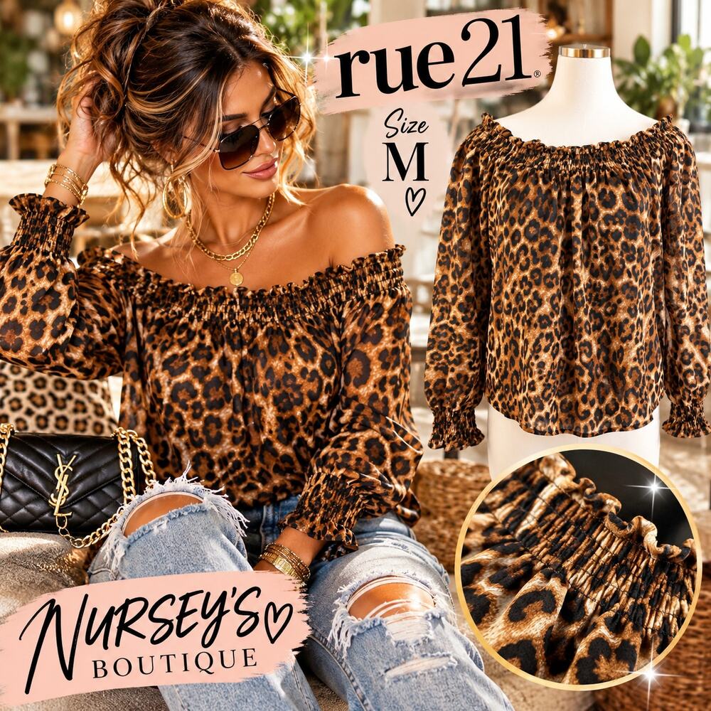 rue21 Leopard Cheetah Off Shoulder Blouse M Smocked Long Sleeve Y2K